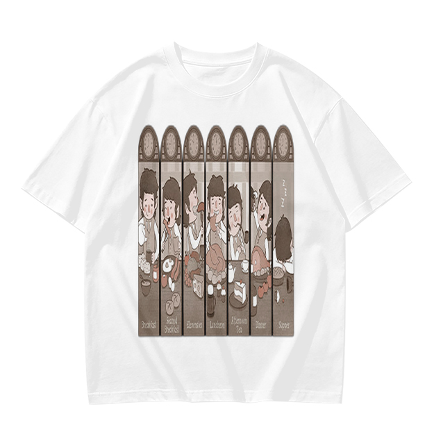 Olive green t-shirt with cartoon medieval feast scene print