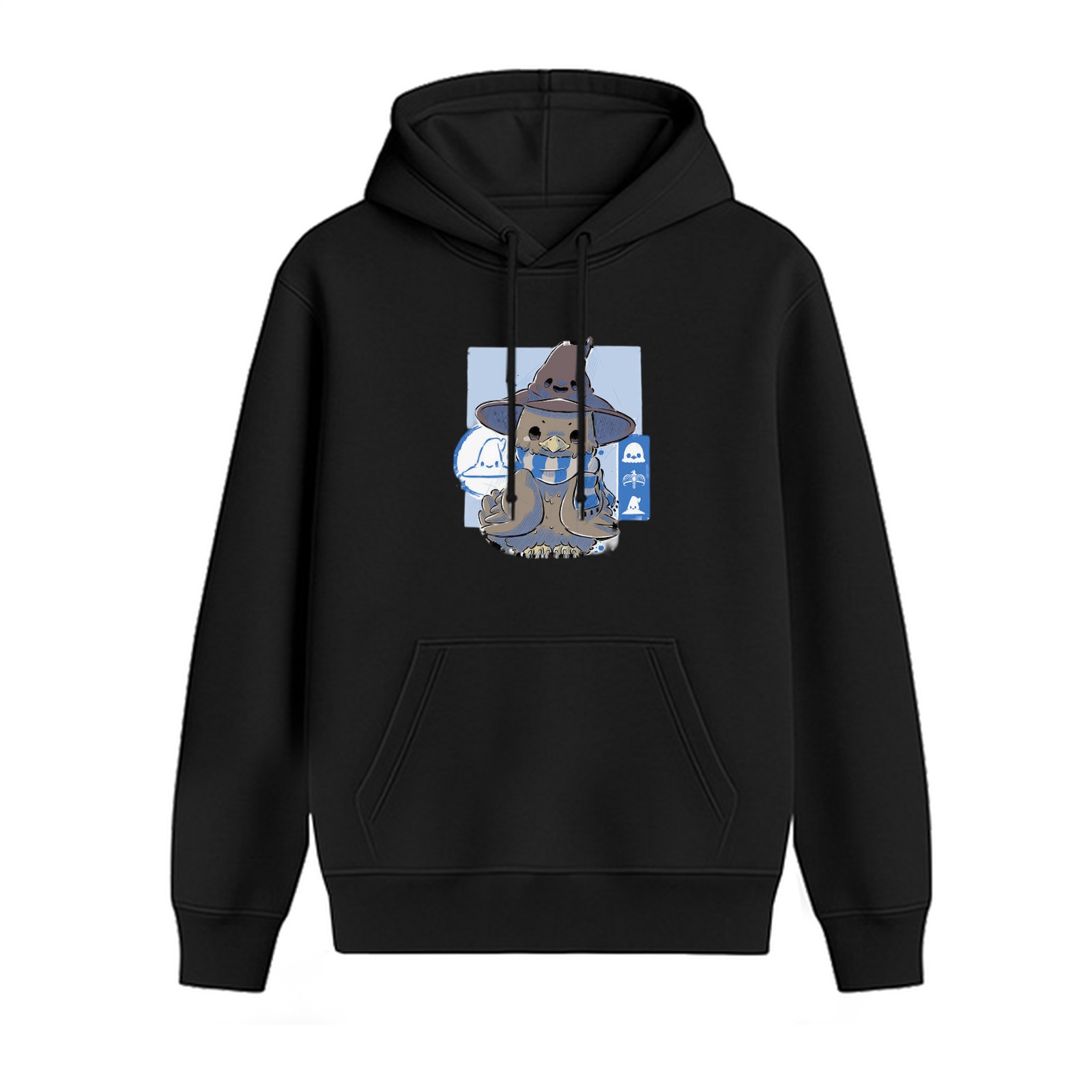 Black hoodie with cute wizard owl graphic design