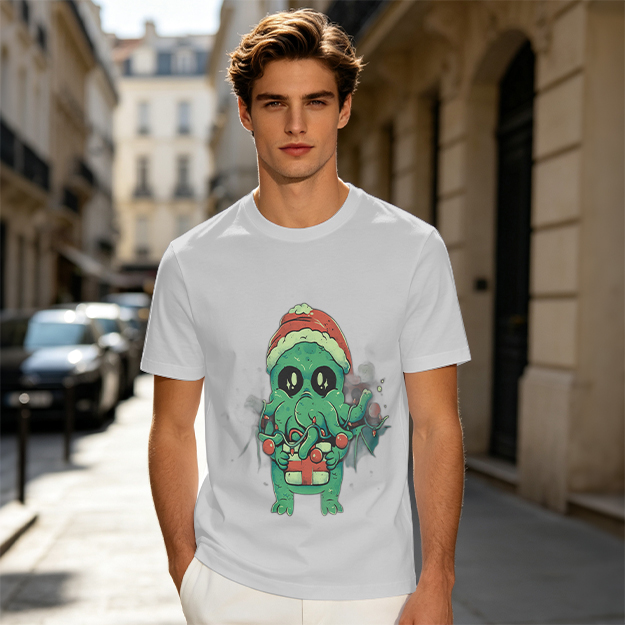 Olive Green T-Shirt With Cute Christmas Cthulhu Graphic
