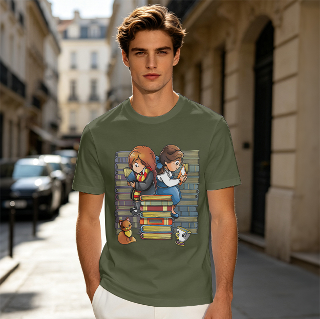 Olive t-shirt with two girls reading on stacks of books