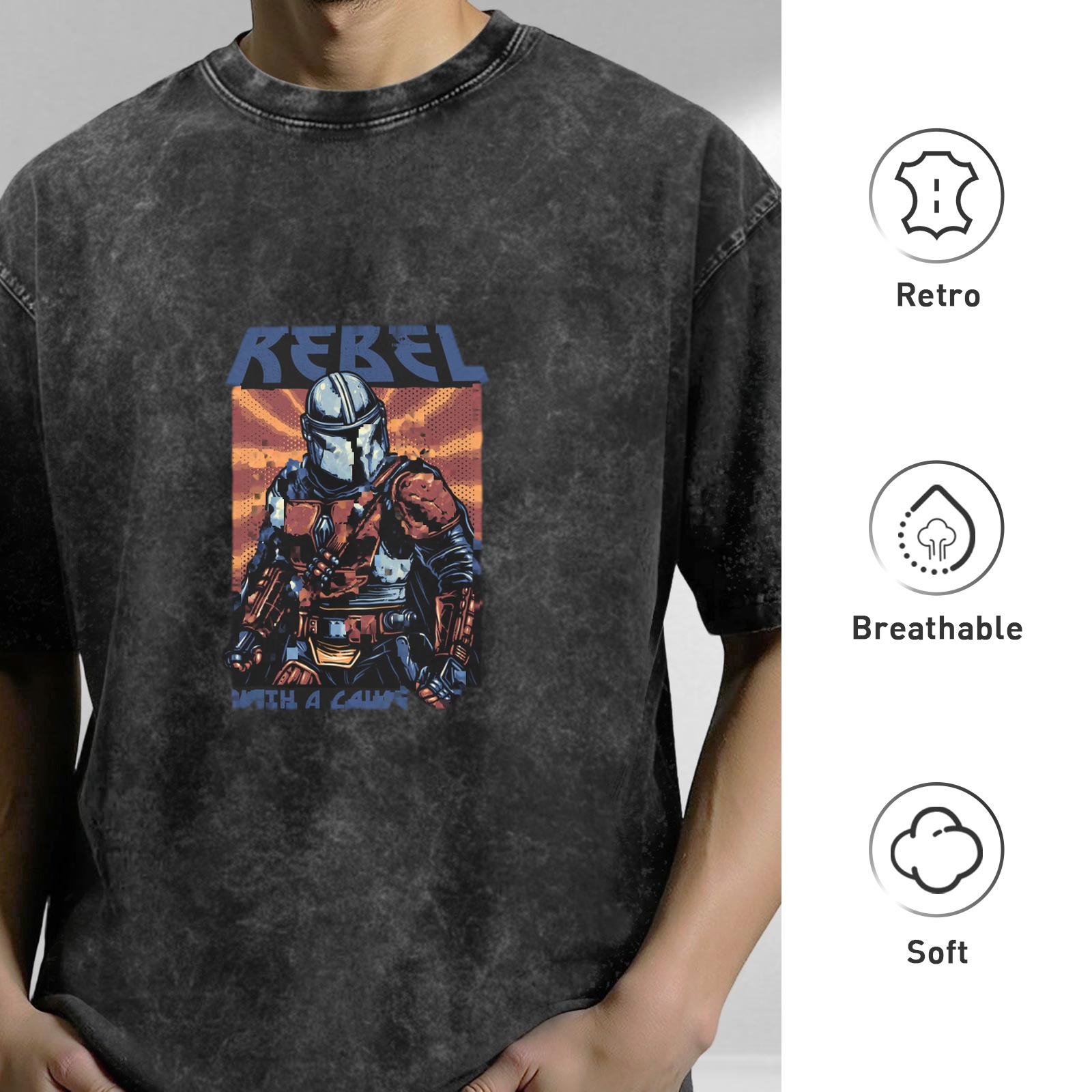 Washed Black T-Shirt With Rebel Bounty Hunter Graphic
