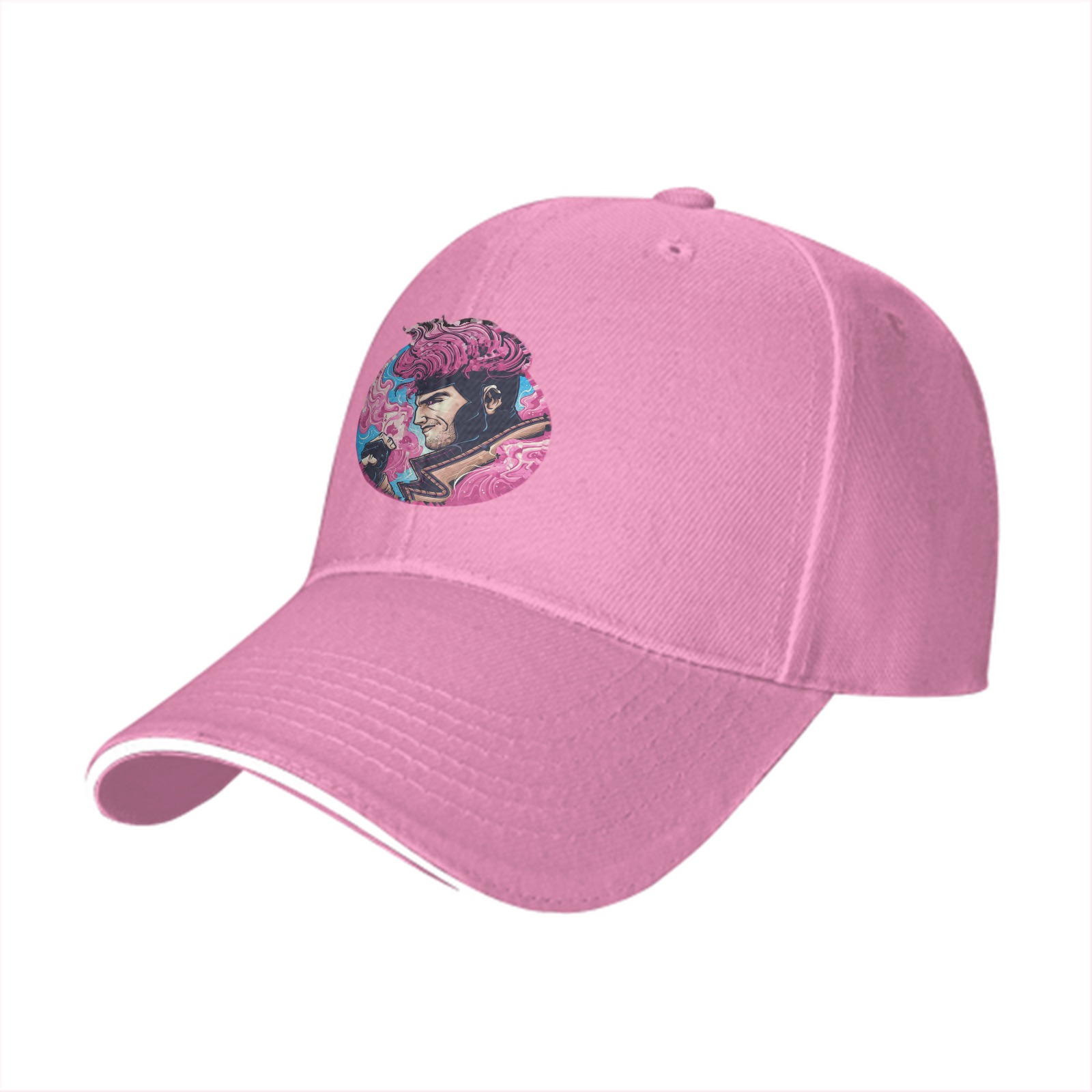 Black Baseball Cap With Pink Superhero Character Art Print