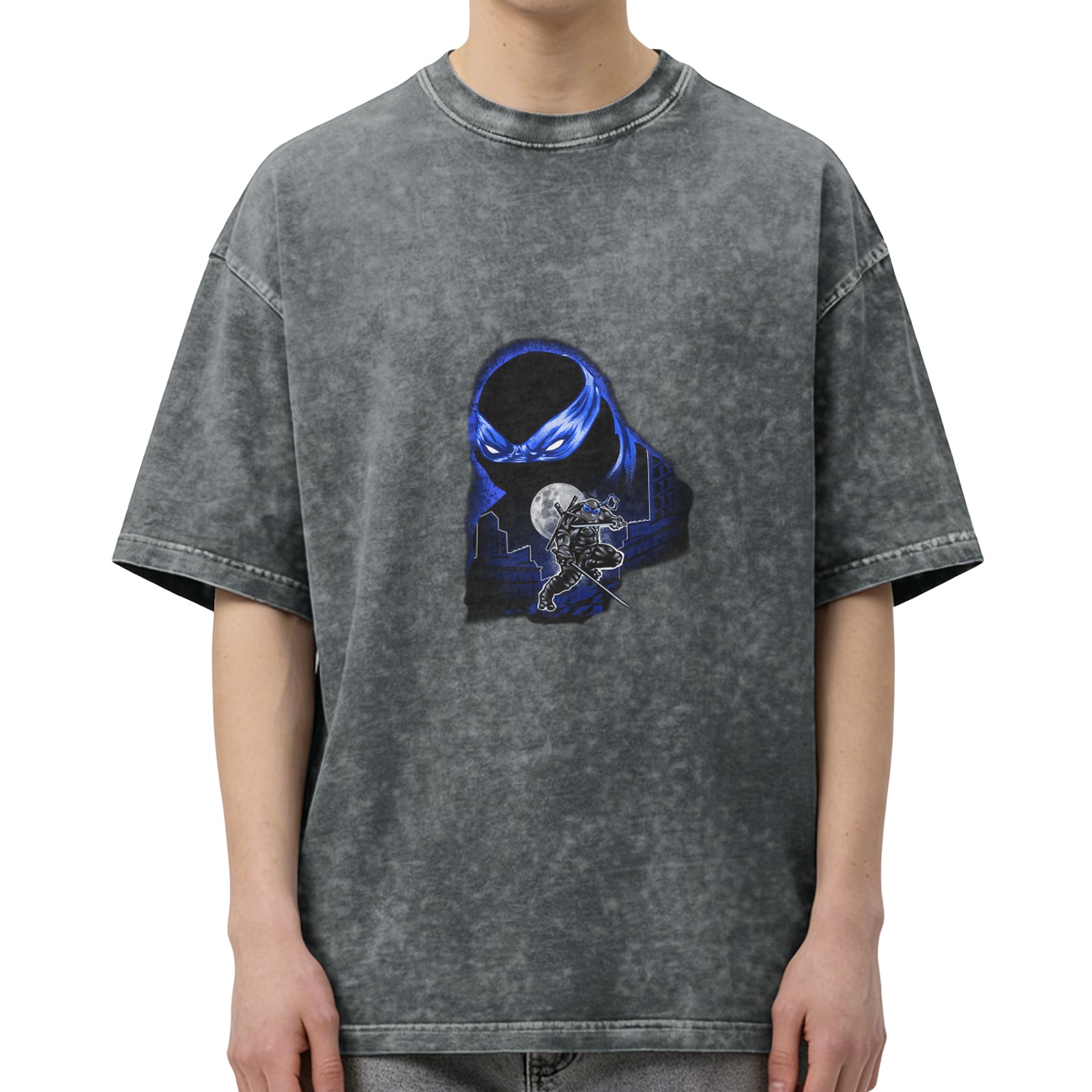 Washed Black Oversized T-Shirt with Blue Ninja Turtle Graphic