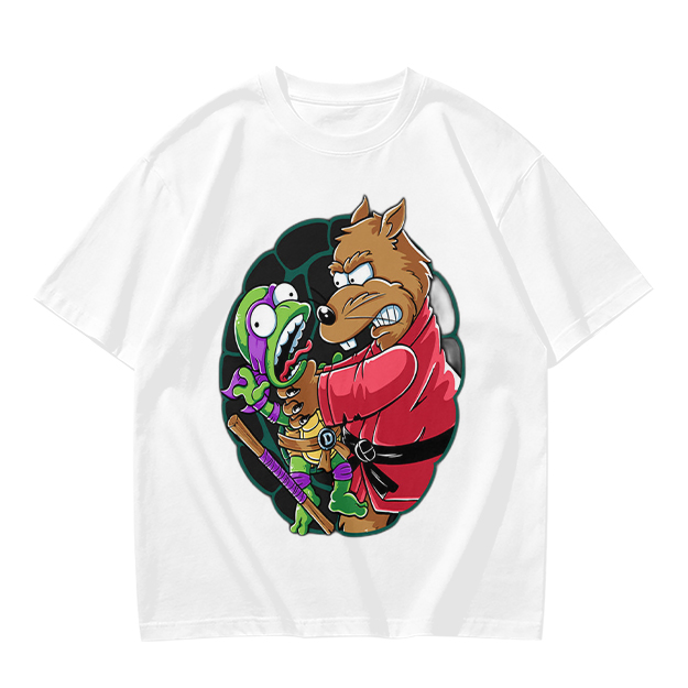 Olive T-shirt with Splinter Grabbing Donatello Ninja Turtle Art