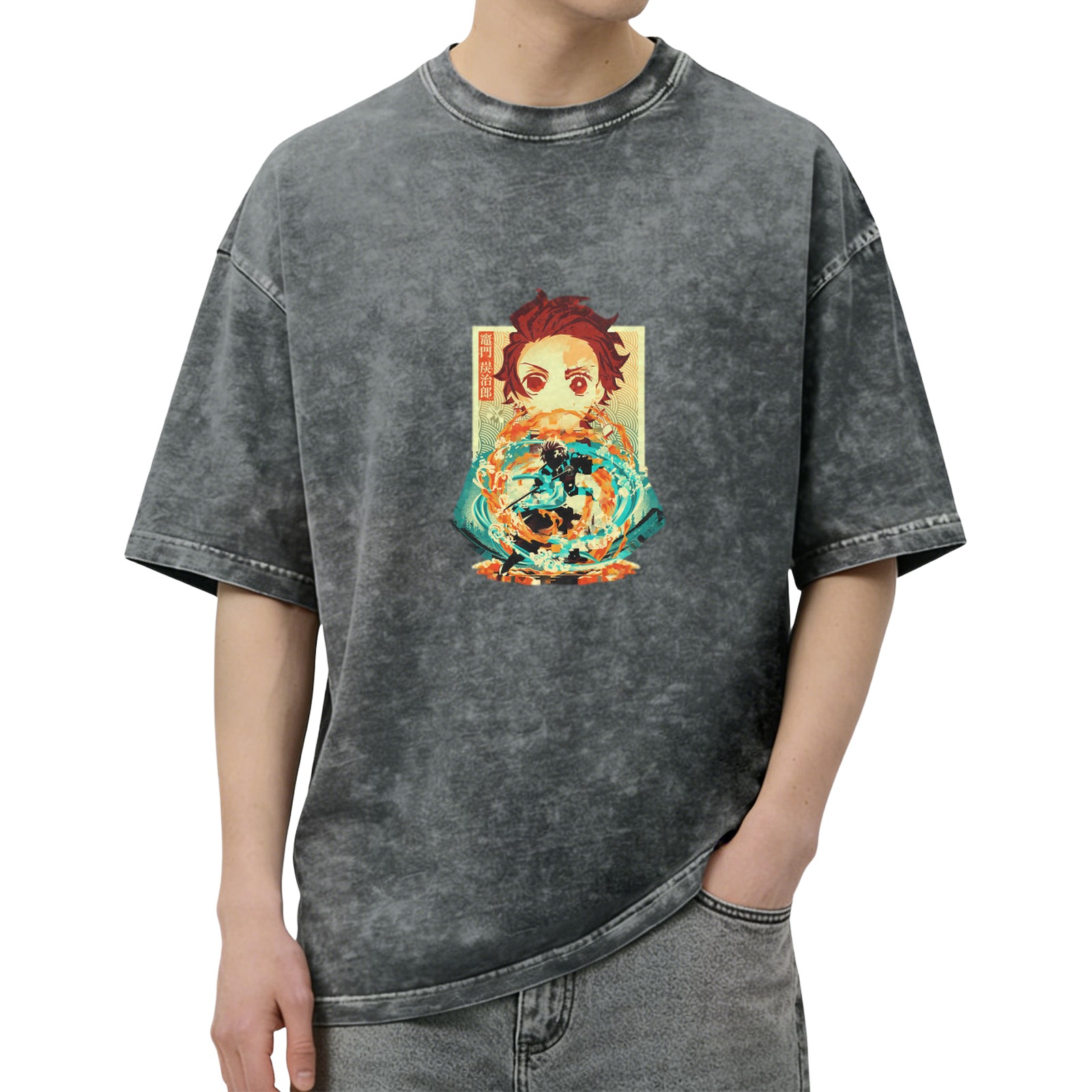 Demon Slayer: Kimetsu no Yaiba Tanjiro themed washed and distressed loose short-sleeved T-shirt