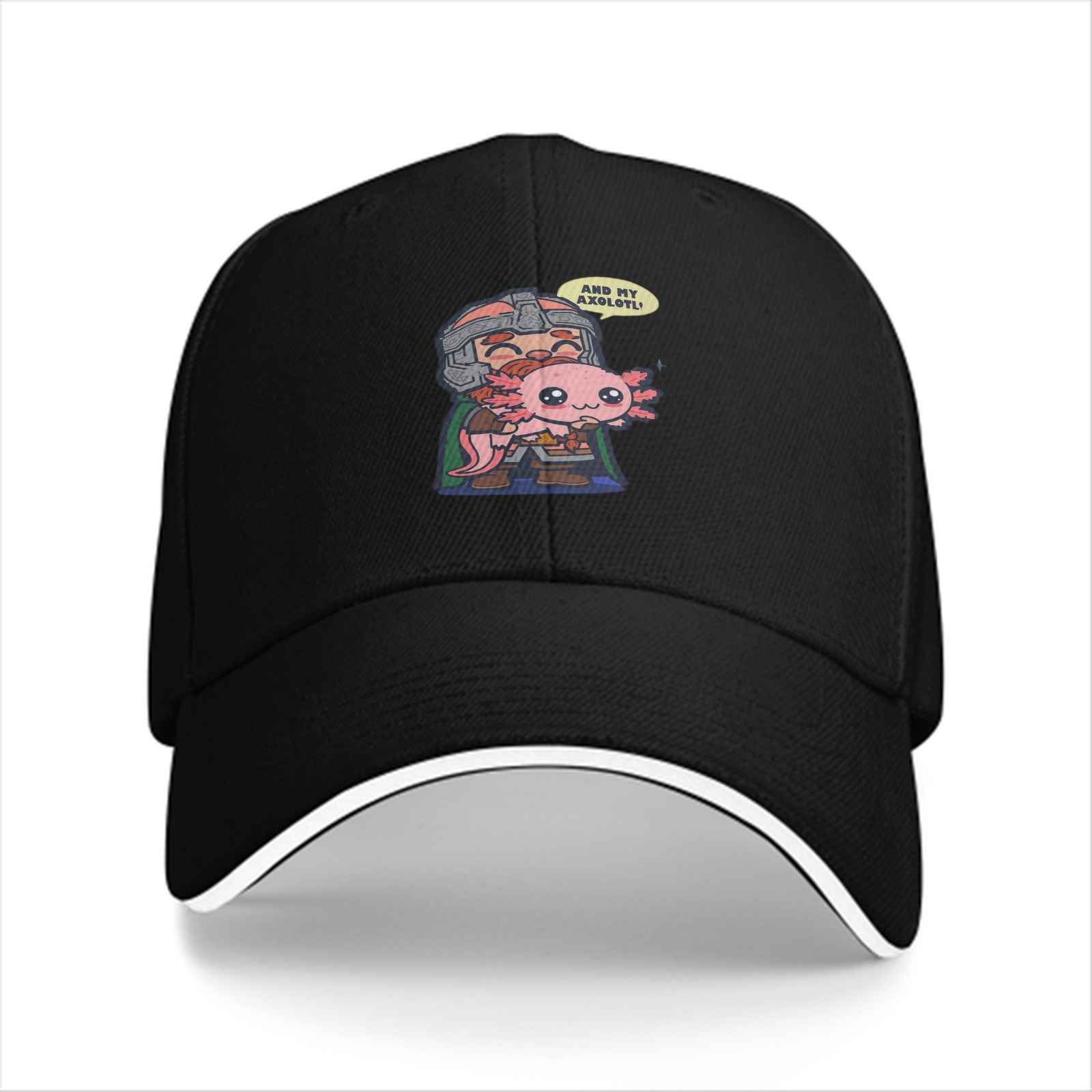 Black baseball cap with dwarf holding axolotl graphic