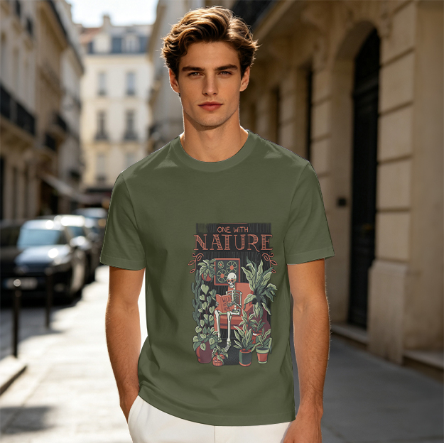Olive graphic t-shirt with skeleton and plants, 'One With Nature' print
