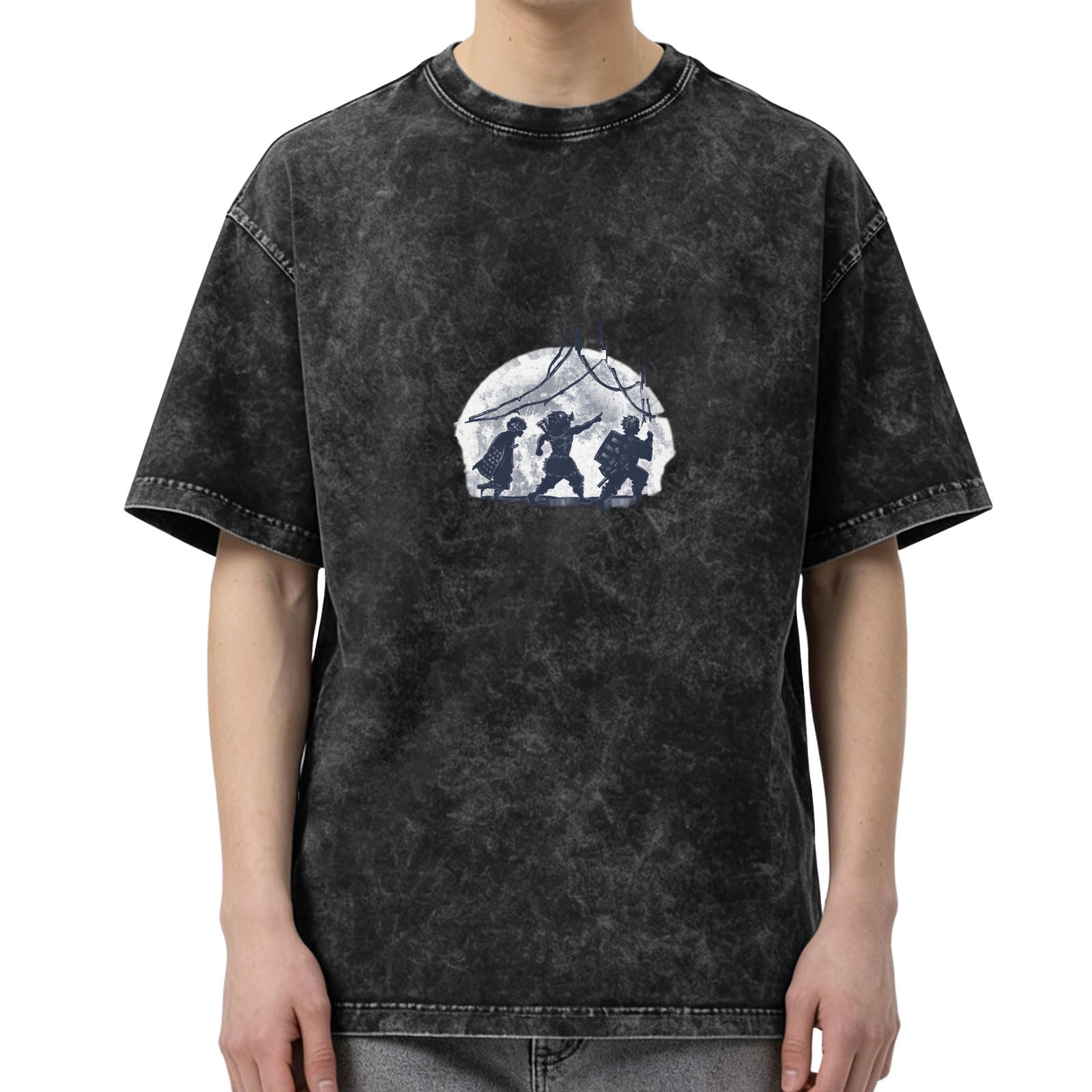 Washed Black Oversized T-Shirt With Moon Warrior Silhouette Graphic