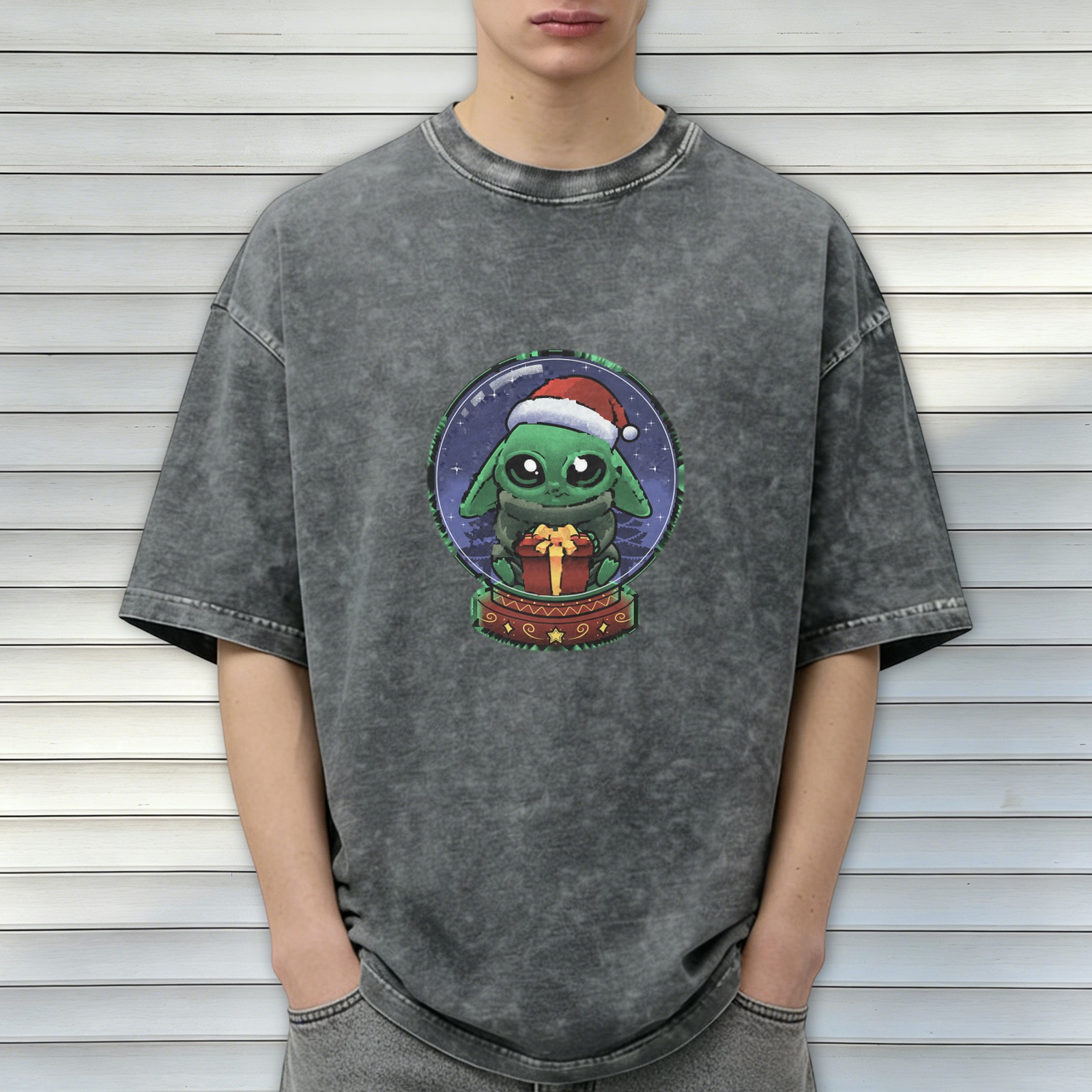 Washed black t-shirt with Baby Yoda in Christmas snow globe graphic