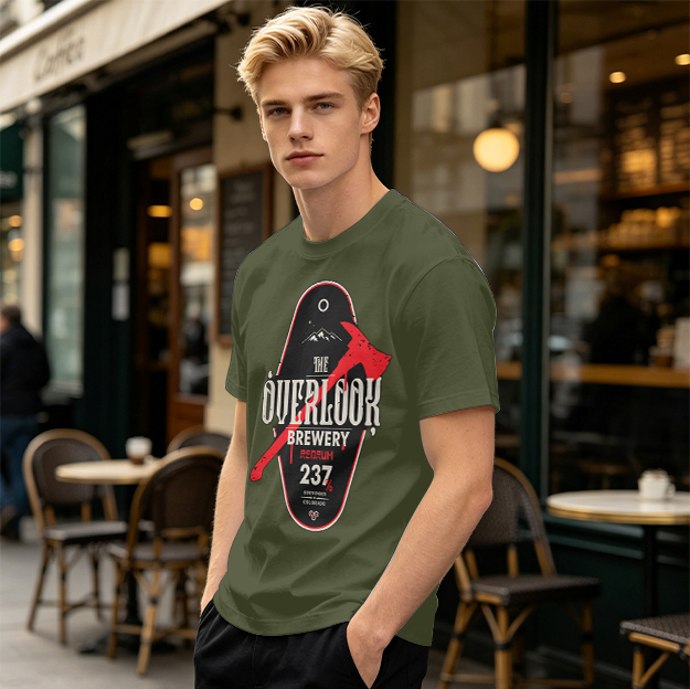 Olive green t-shirt with The Overlook Brewery axe graphic