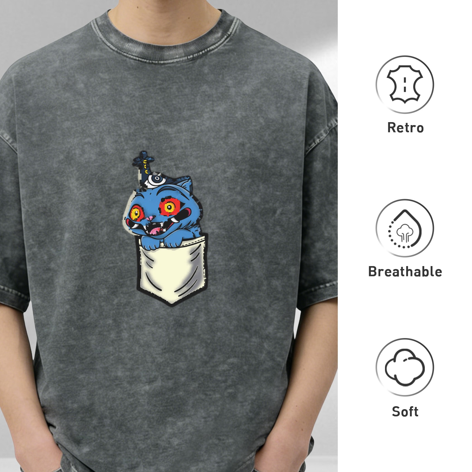 Oversized Acid Wash T-Shirt With Creepy Blue Cat Pocket Print