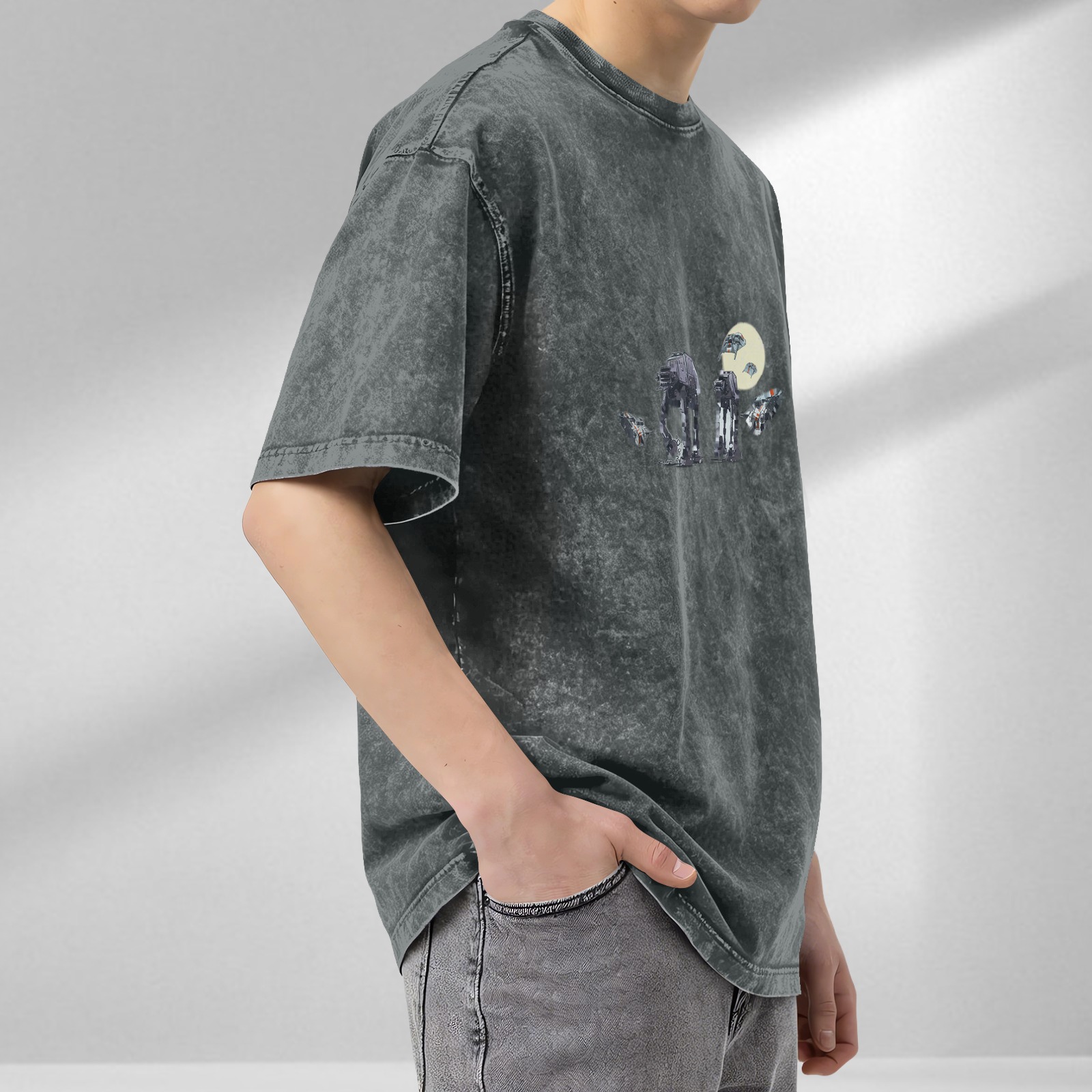 Washed black graphic t-shirt with Star Wars AT-AT and space ships design