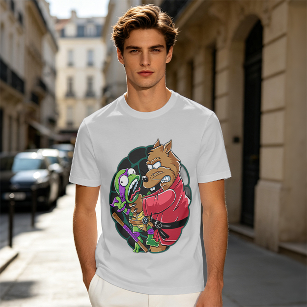 Olive T-shirt with Splinter Grabbing Donatello Ninja Turtle Art