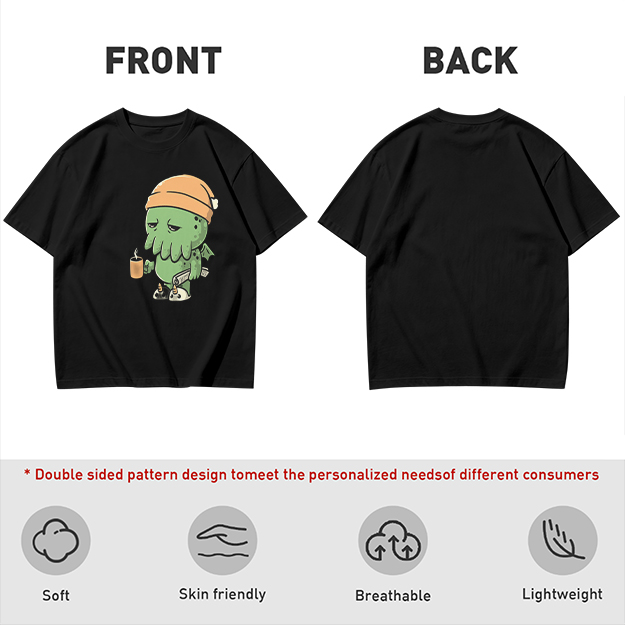 Olive T-Shirt With Sleepy Cthulhu Holding Coffee And Phone