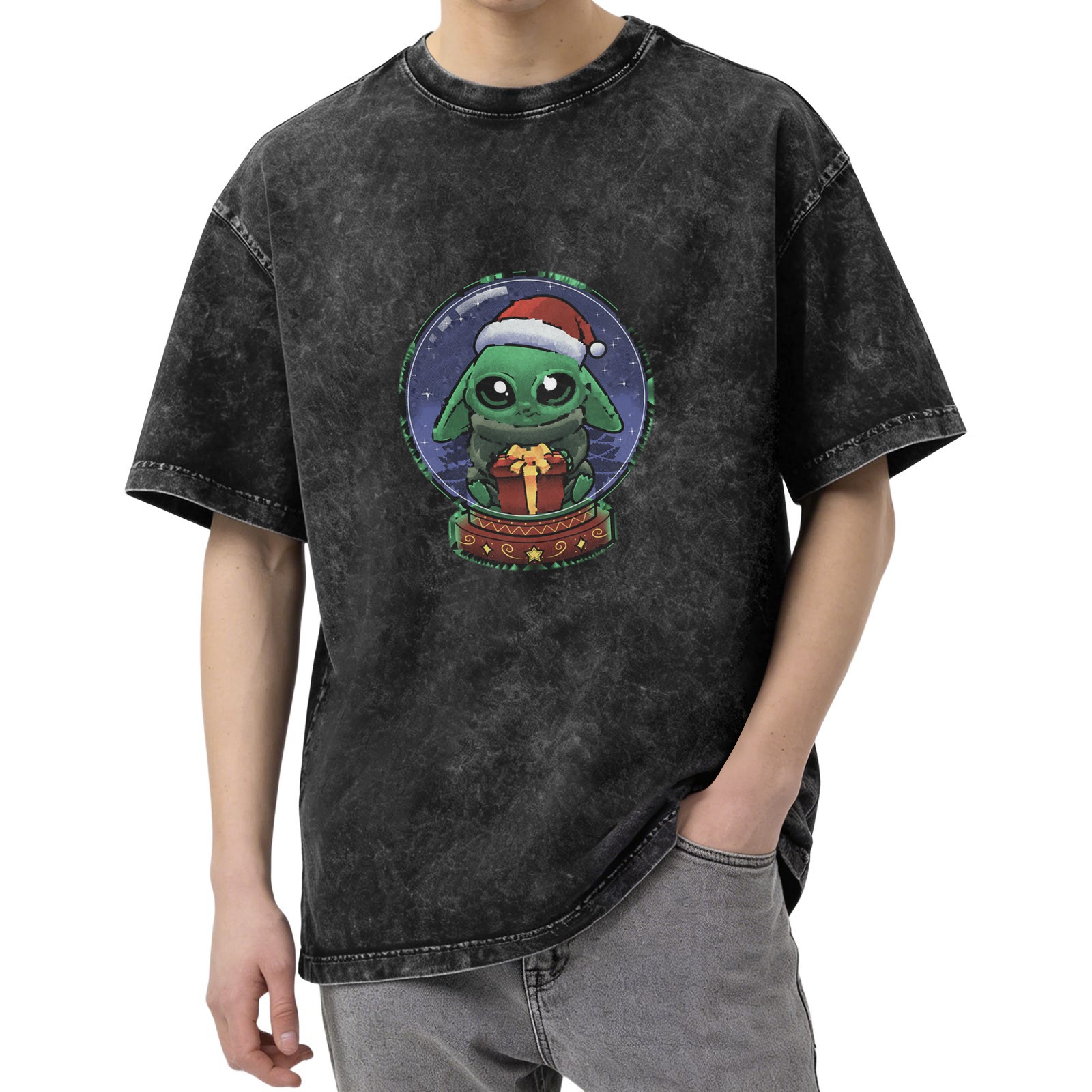 Washed black t-shirt with Baby Yoda in Christmas snow globe graphic
