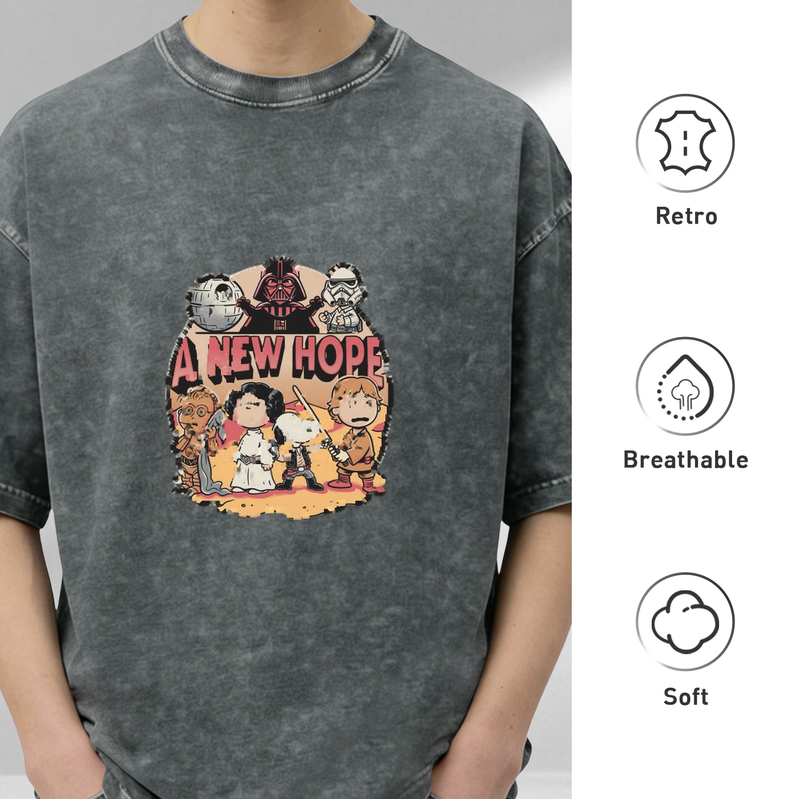 Washed Black T-Shirt with Peanuts x Star Wars A New Hope Graphic
