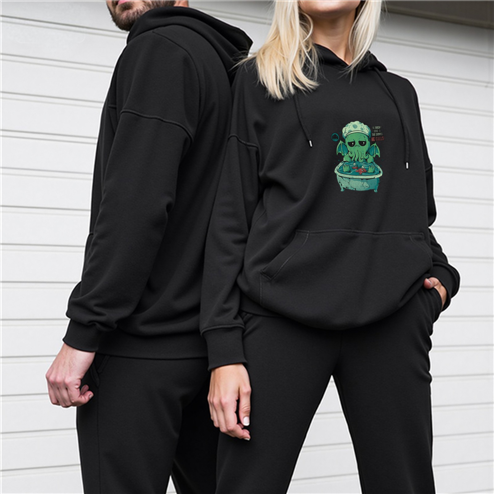 Black Hoodie With Cute Cthulhu Bathing Graphic