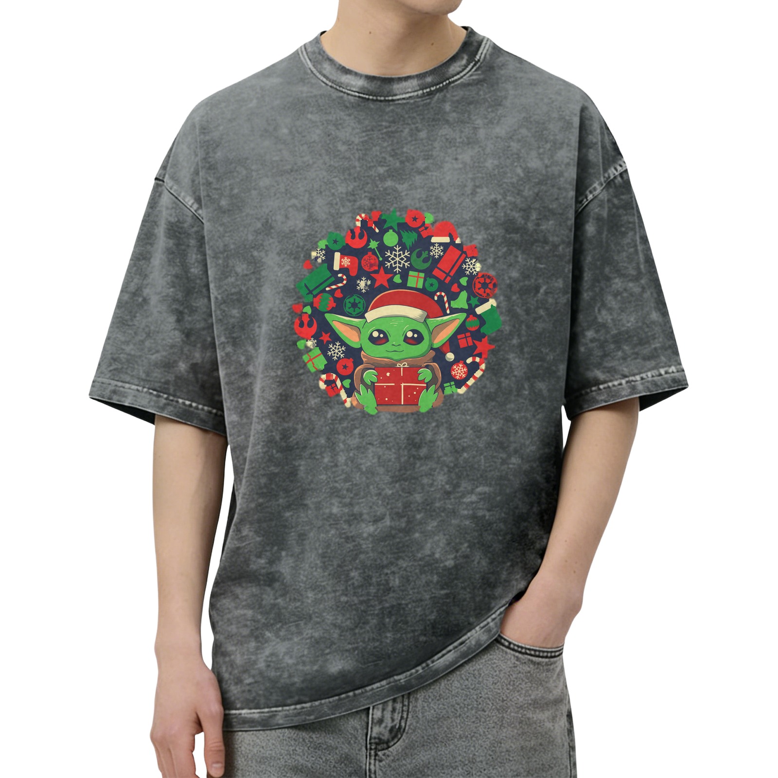 Baby Yoda Christmas Wreath Graphic Stonewashed Black T-Shirt