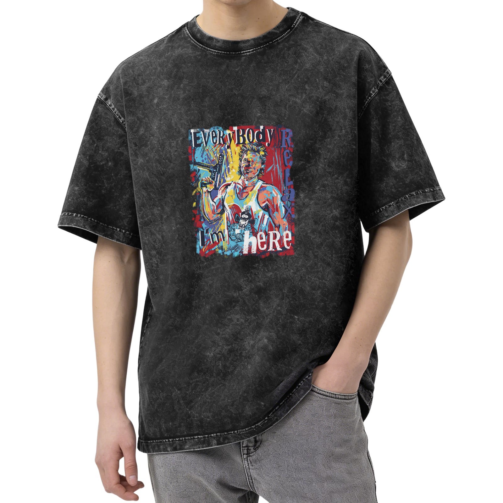 Washed Black Graphic T-Shirt with Everybody Relax I'm Here Art Print