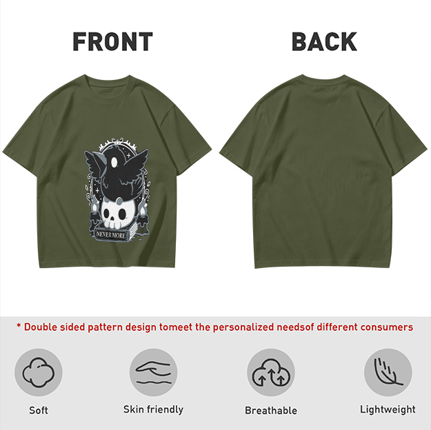 Olive Graphic T-Shirt With Raven Skull Nevermore Print