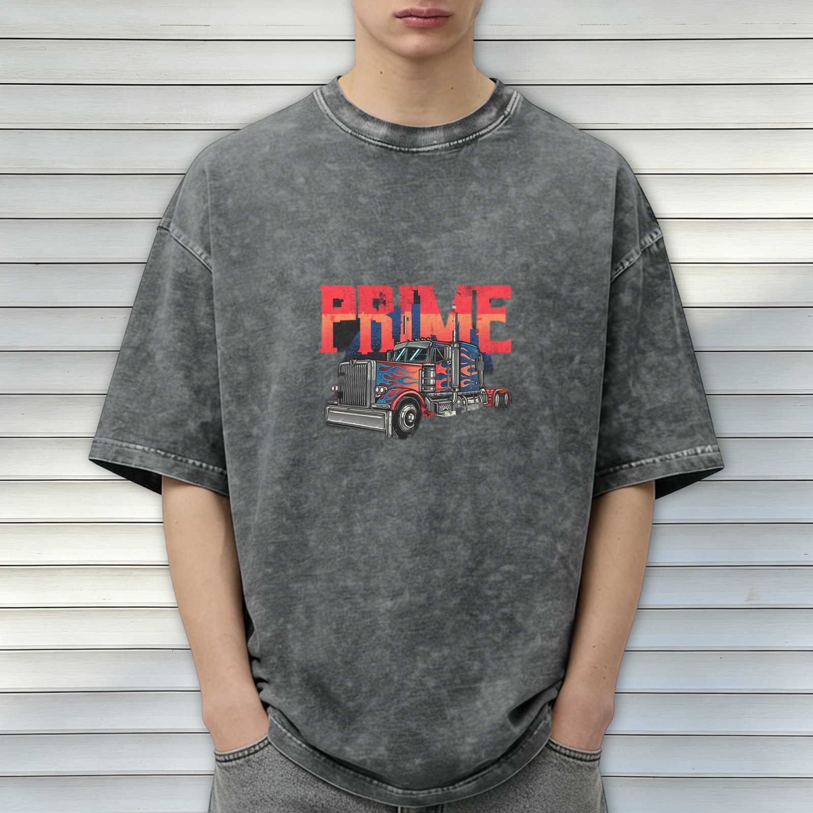 Washed Black T-Shirt with PRIME Text and Semi Truck Graphic