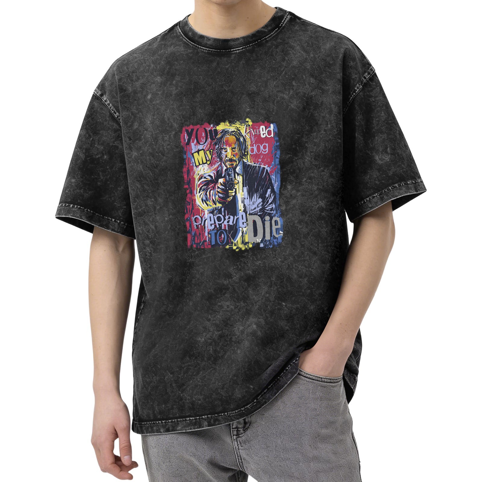 Washed graphic t-shirt with John Wick 'You Killed My Dog Prepare To Die' print