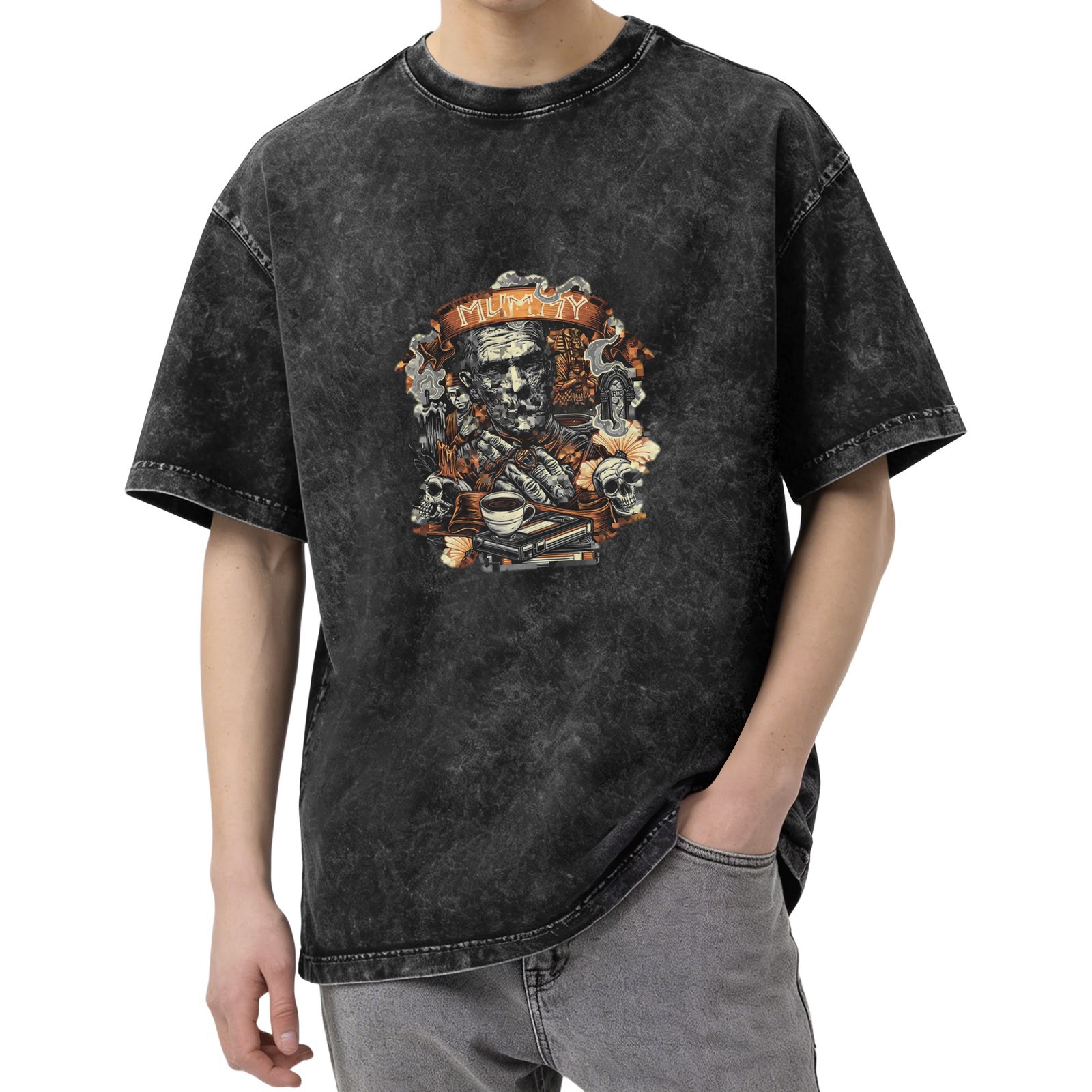 Washed Black Mummy Graphic T-Shirt with Skulls and Coffee Design