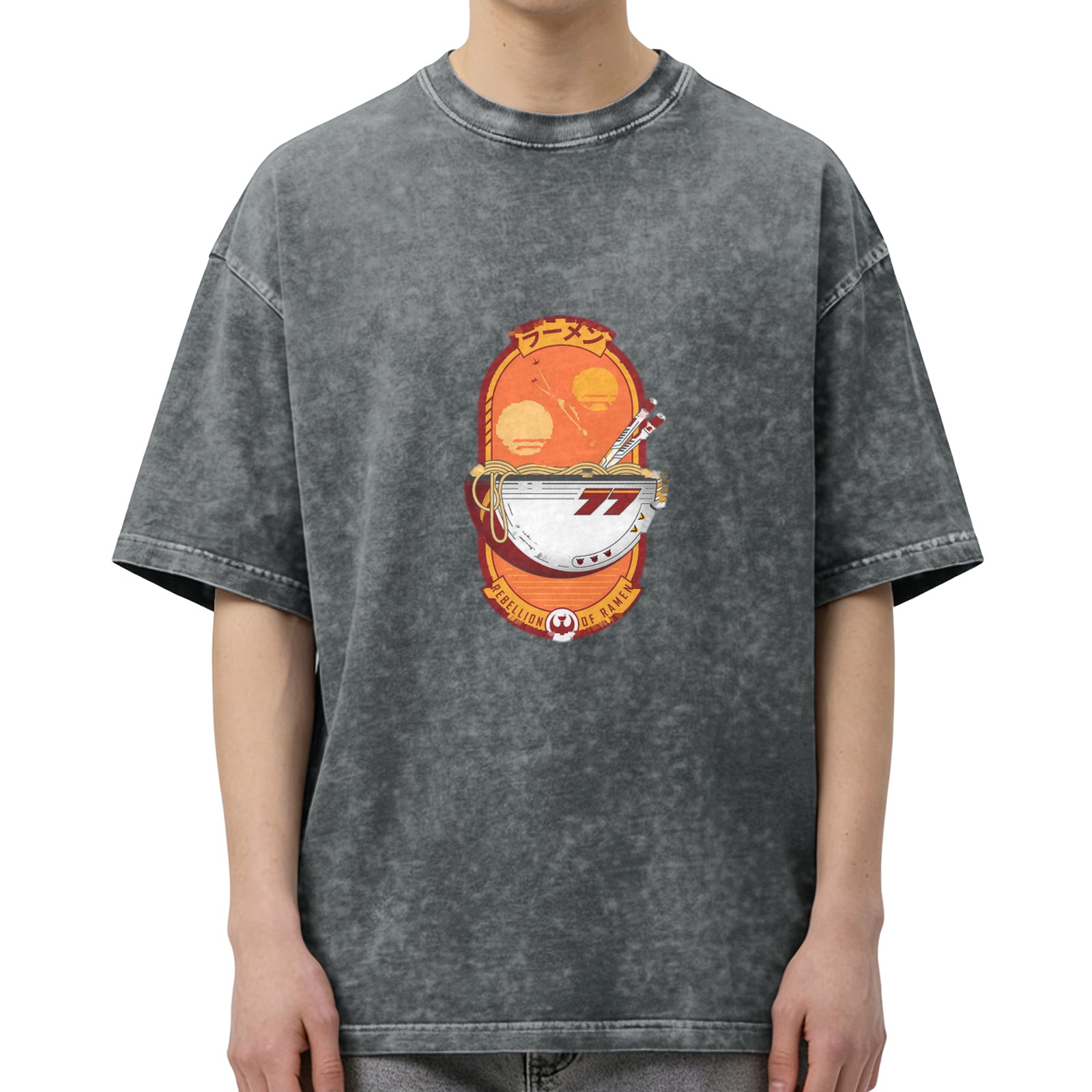 Oversized Dark Wash T-Shirt With Racer Ramen Graphic