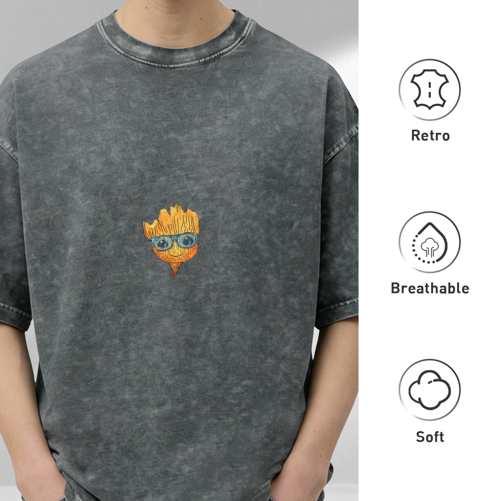 Washed black oversized t-shirt with Baby Groot graphic print