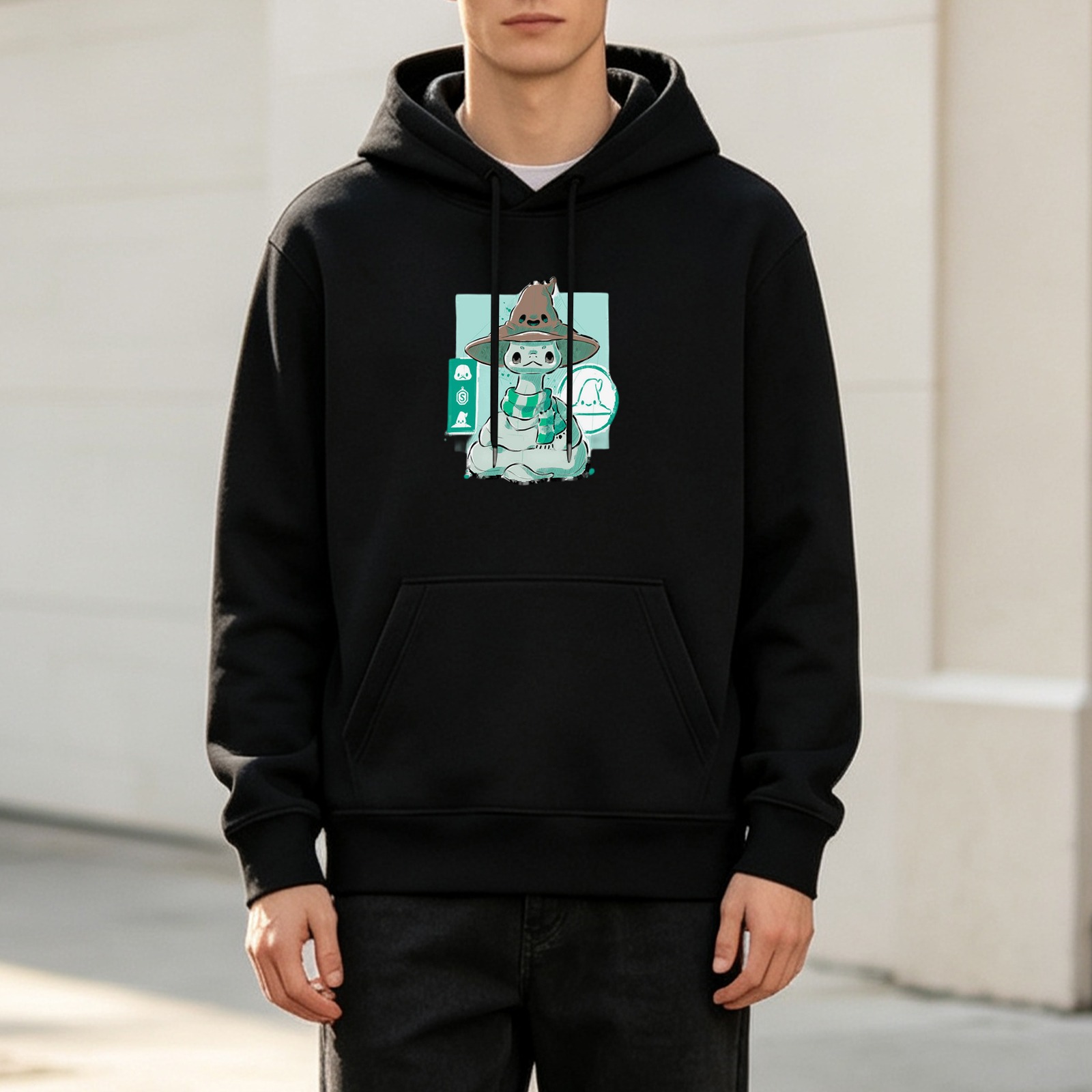Black hoodie with cute wizard snake graphic design
