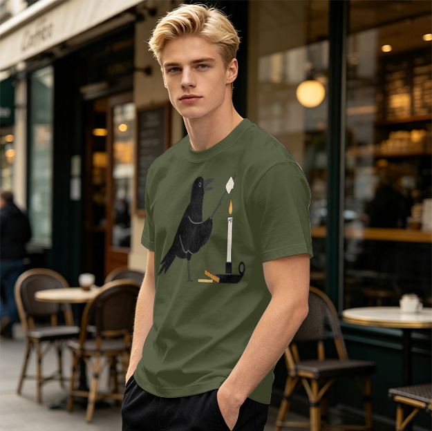 Olive T-Shirt With Crow Roasting Marshmallow Over Candle Print