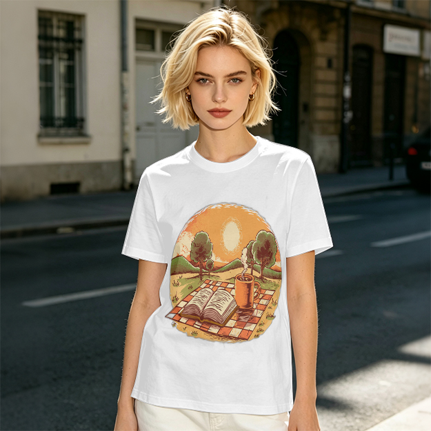 Olive T-Shirt with Sunset Picnic Book and Coffee Art