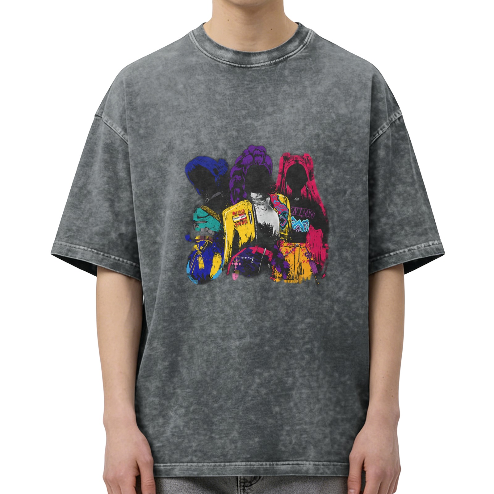 Washed Black Oversized T-Shirt with Colorful Graphic Figures