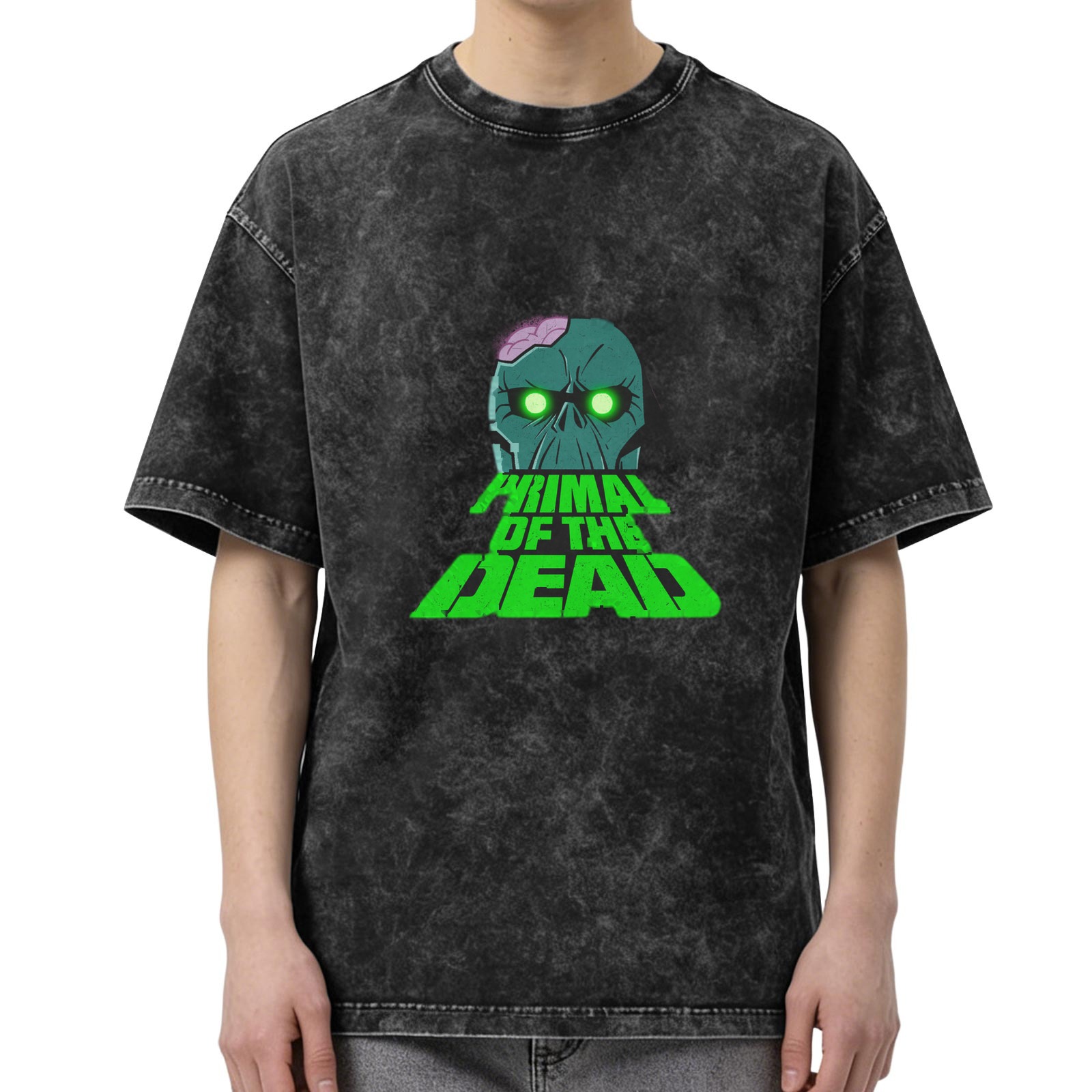 acid wash black t-shirt with primal of the dead zombie skull graphic