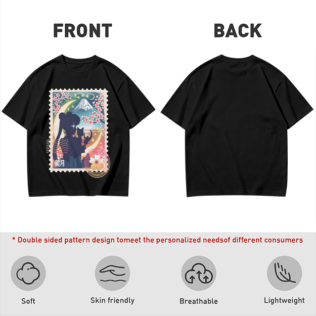 Olive T-shirt with Japanese stamp-style anime graphic print
