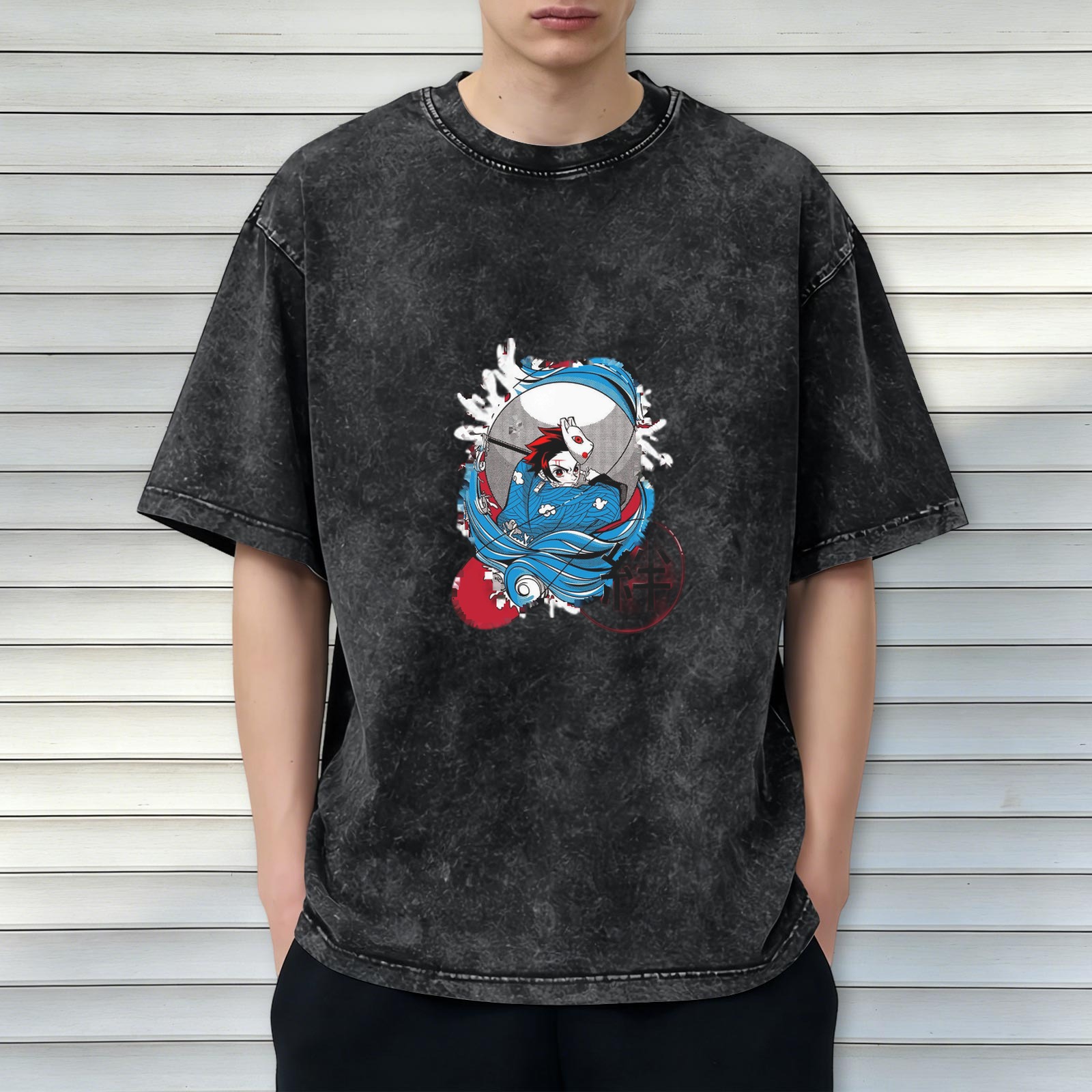 Oversized Washed Black Anime Graphic T-Shirt featuring Demon Slayer Tanjiro Kamado with Warding Mask Design