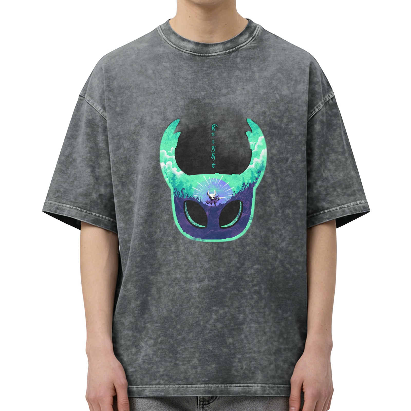 Oversized Dark Wash T-Shirt With Hollow Knight Mask Art Print