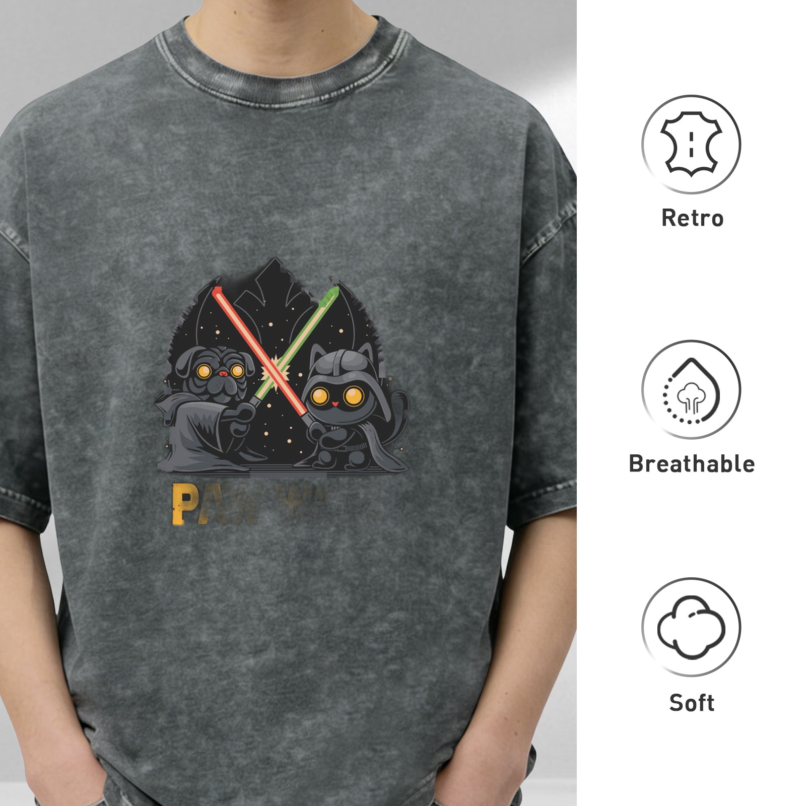 Washed black graphic t-shirt with paw wars cat and dog lightsaber design