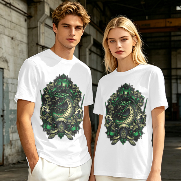 Olive Green T-Shirt With Serpent Crest Graphic Design