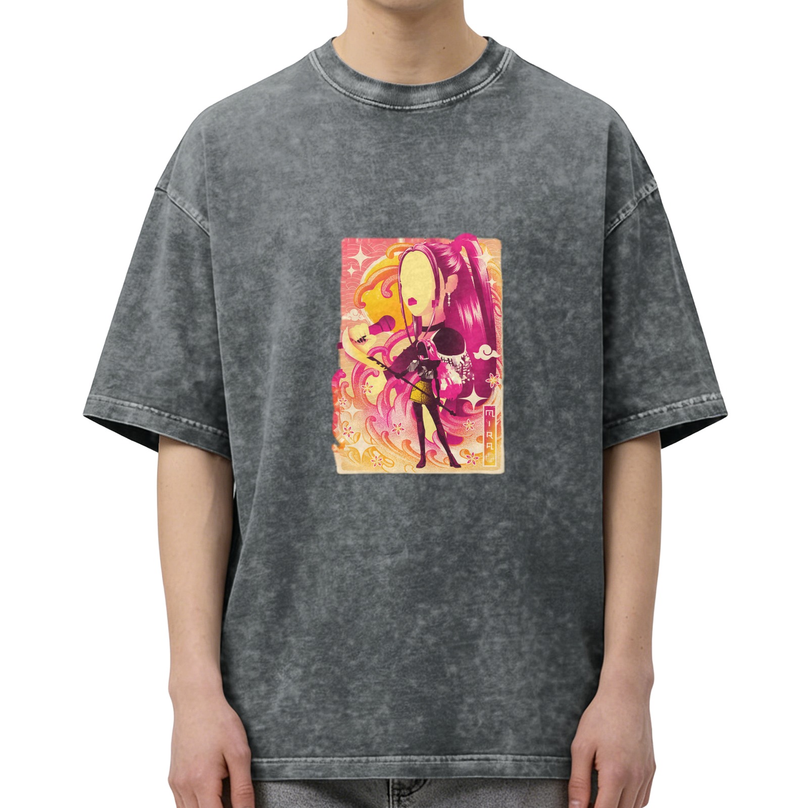 Oversized Acid Wash T-Shirt With Anime Style Graphic Print
