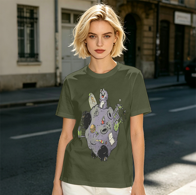 Olive Green T-Shirt With Space Raccoon On Asteroid Graphic