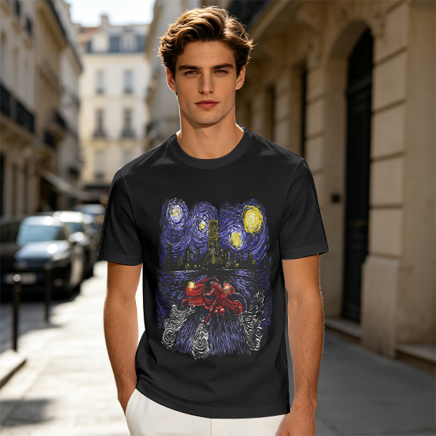 Olive T-Shirt with Starry Night Superhero Cityscape Art Print