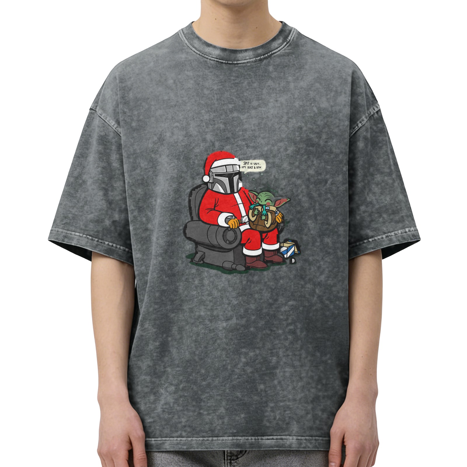 Star Wars The Mandalorian Grogu Christmas Graphic Oversized Stone Wash T-Shirt