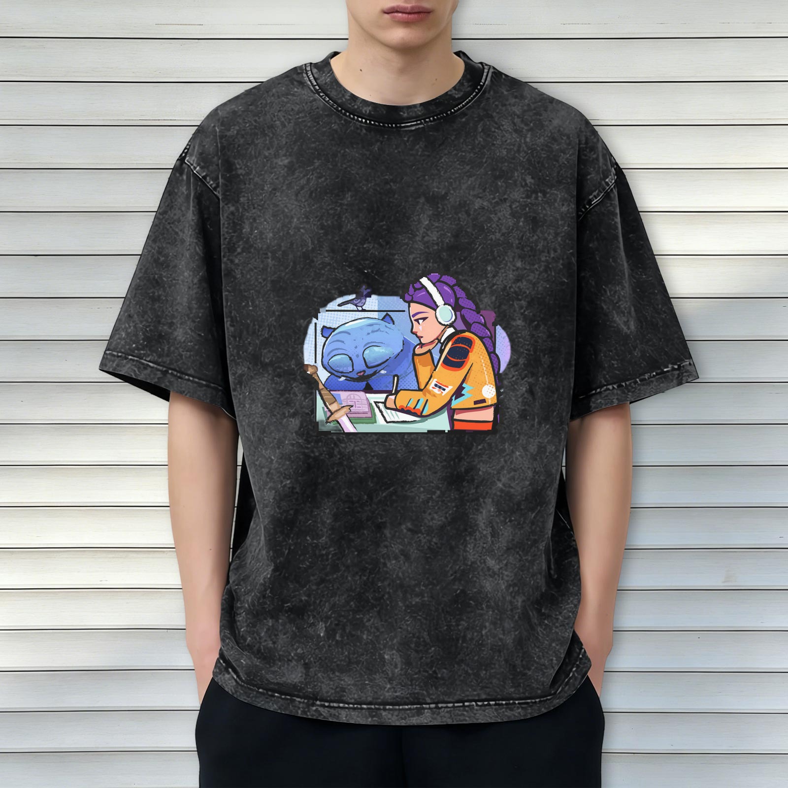 Washed graphic tee with anime girl and blue cat illustration