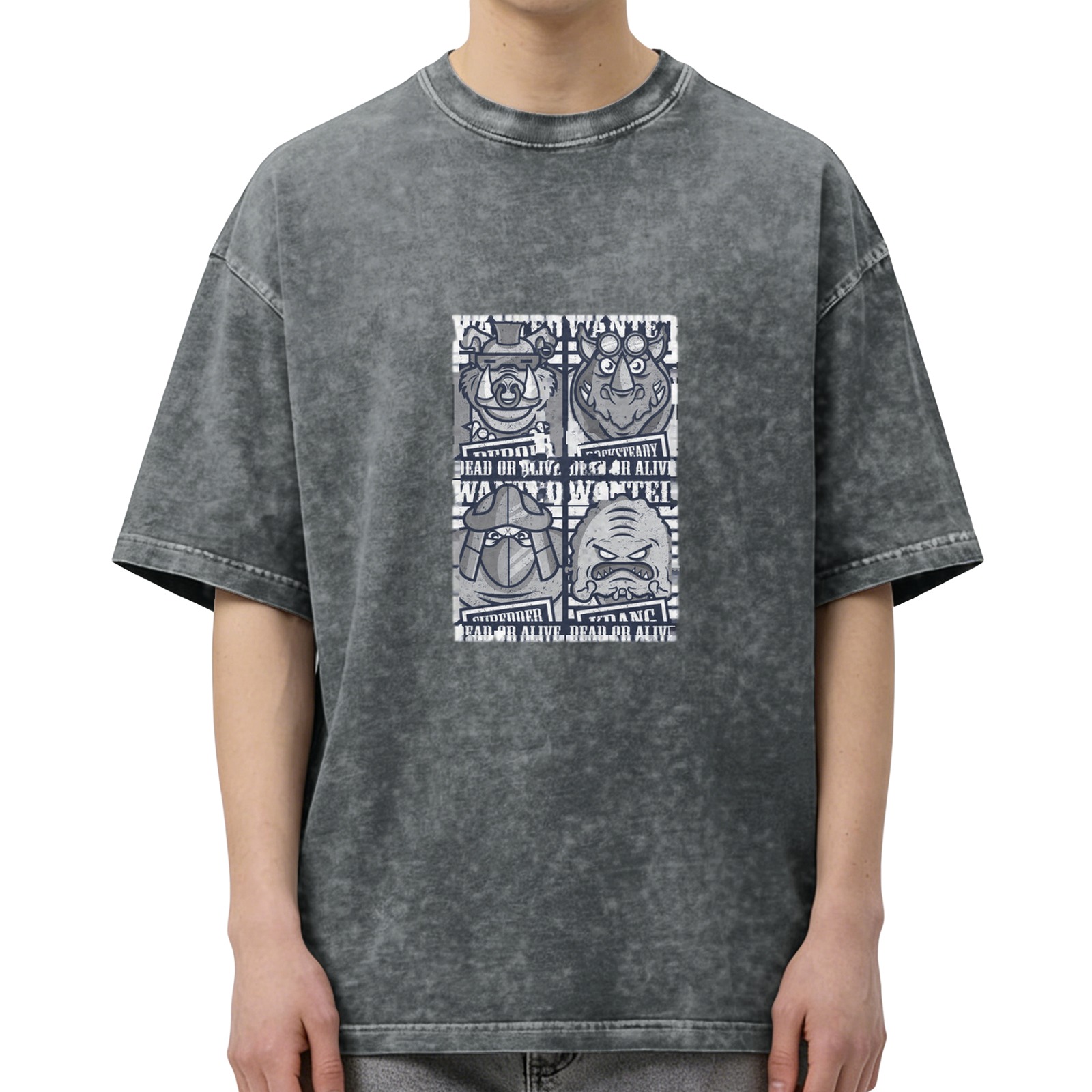 Wanted Themed Oversized Stonewashed T-Shirt With Cartoon Characters