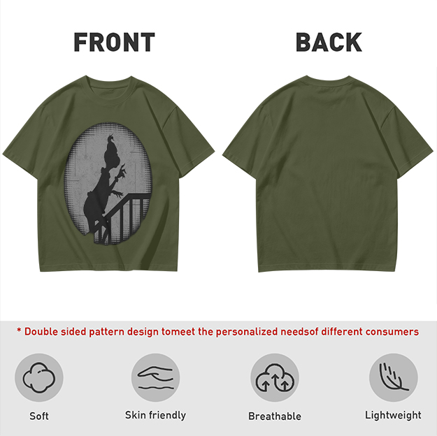 Olive Green T-Shirt With Grinch Silhouette On Staircase Print