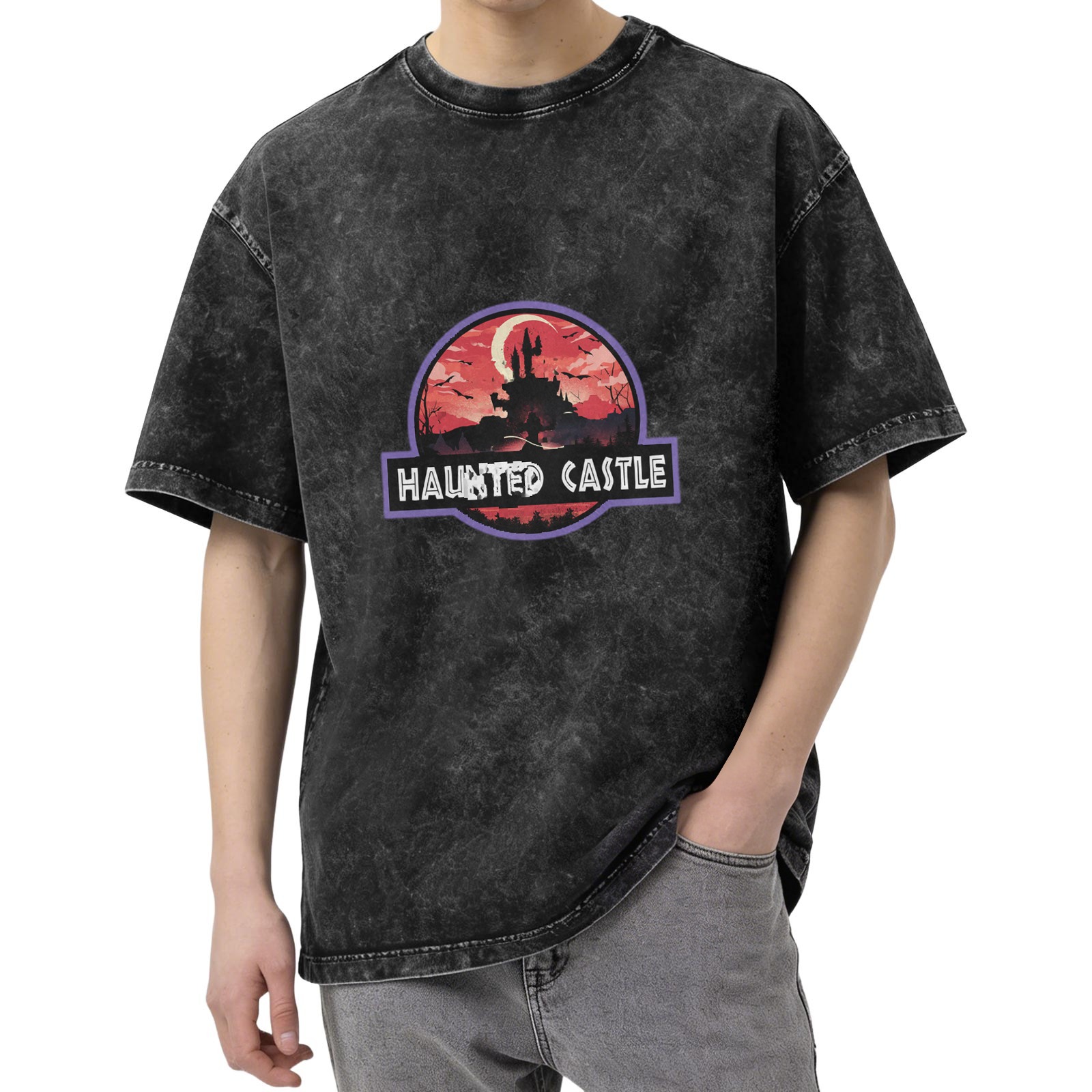Washed Black T-Shirt with Haunted Castle Halloween Graphic