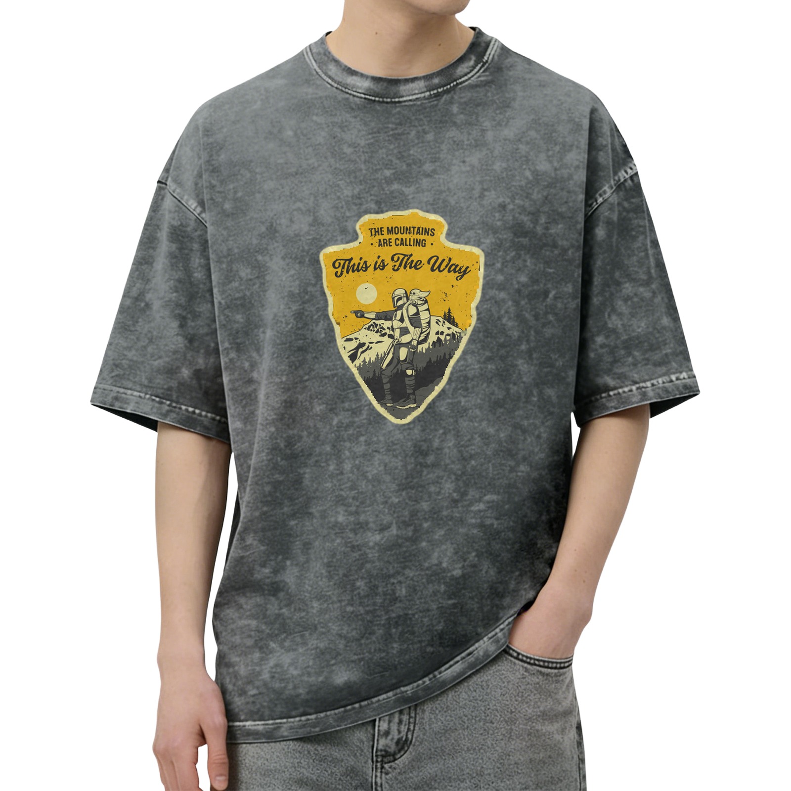 Distressed washed black short-sleeved T-shirt Mandalorian themed outdoor mountaineering print Loose round neck top