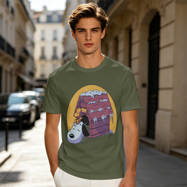 Olive T-shirt with Snoopy and Woodstock at snow-covered doghouse
