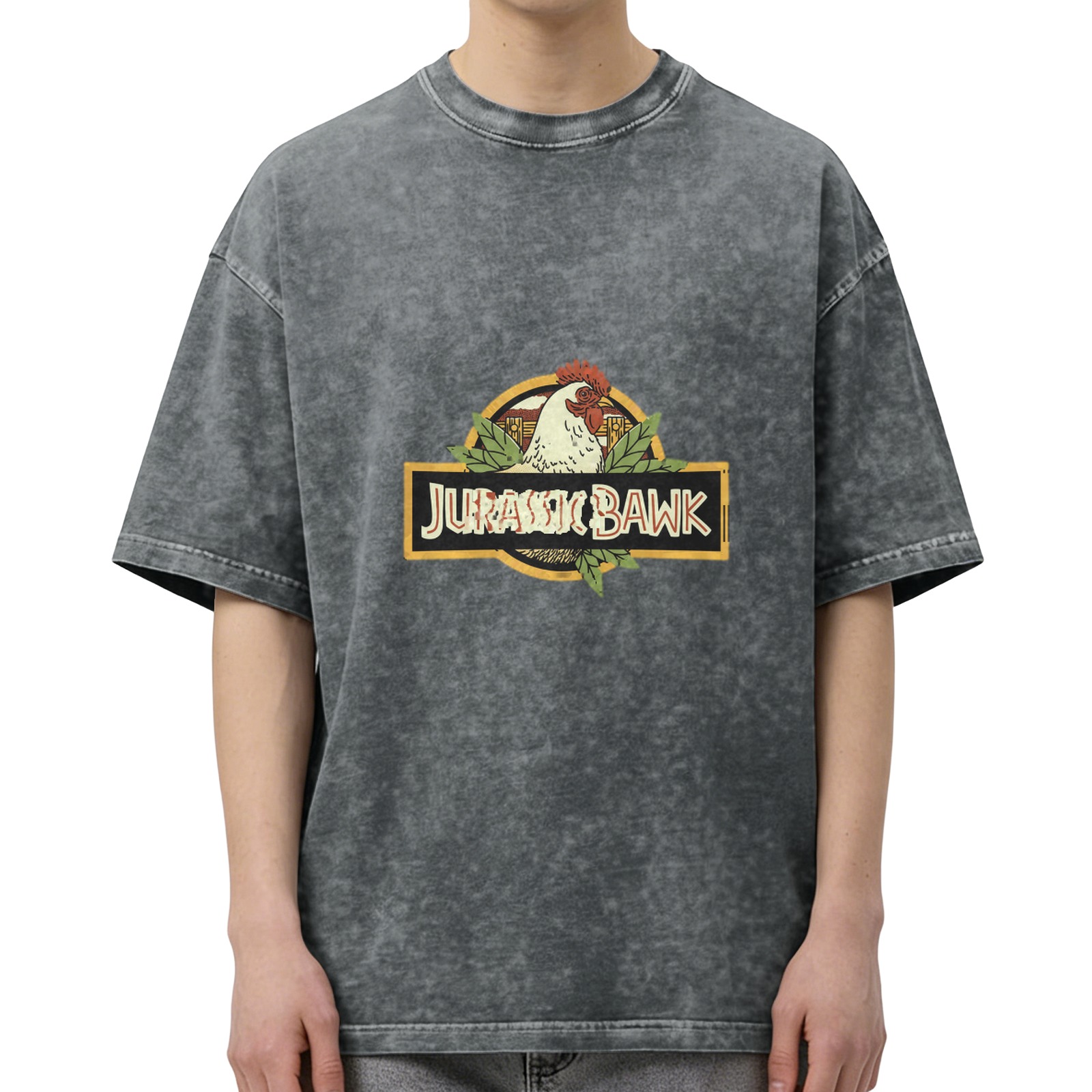 Washed Black T-Shirt with Jurassic Bawk Chicken Graphic